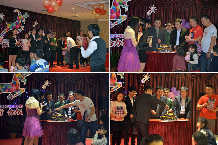 为生日的员工送上蛋糕，董事长还为寿星们送上细腻礼物